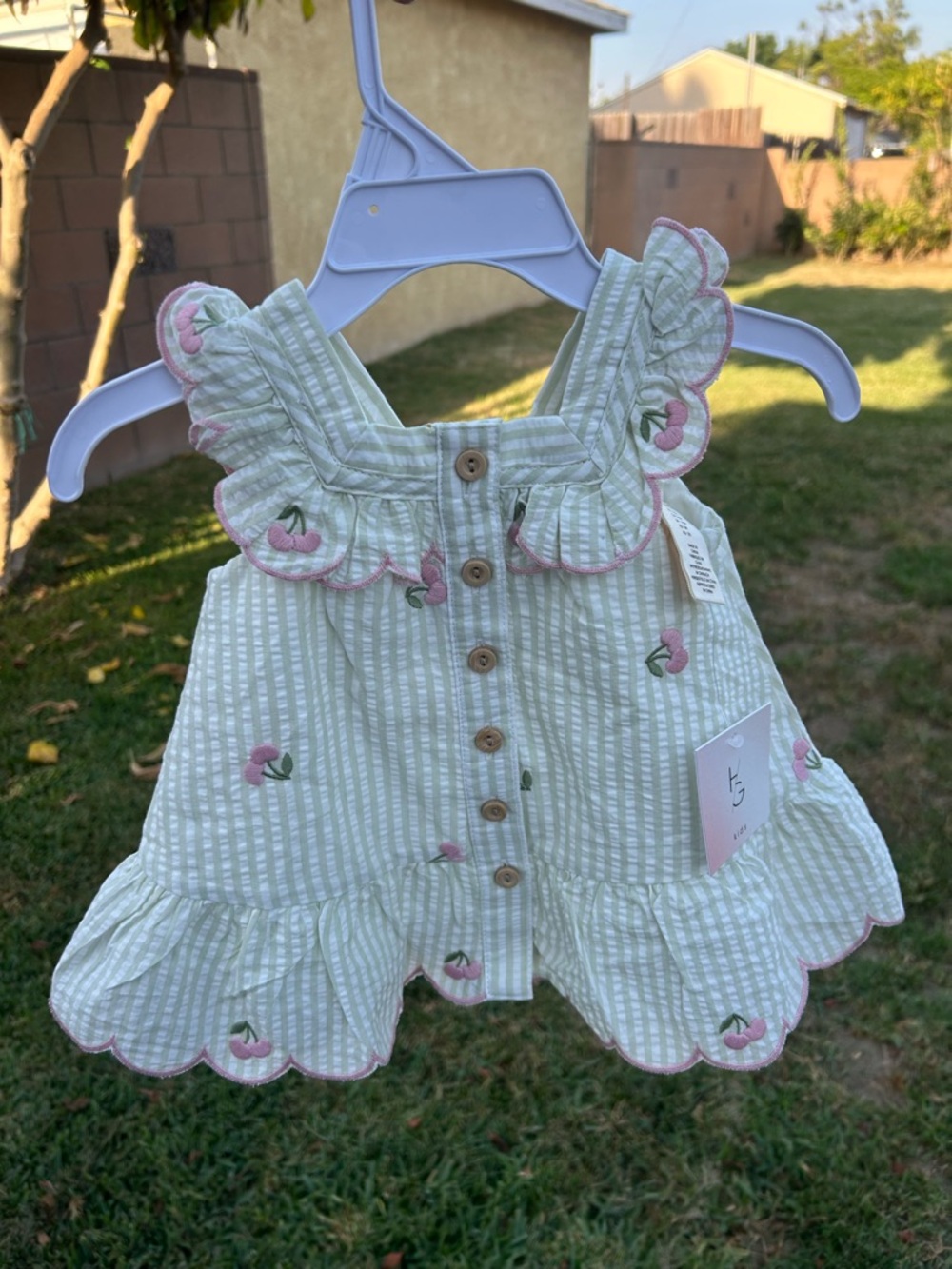 Baby Girls Mint Green Striped Dress with Pink Cherry Embroidery